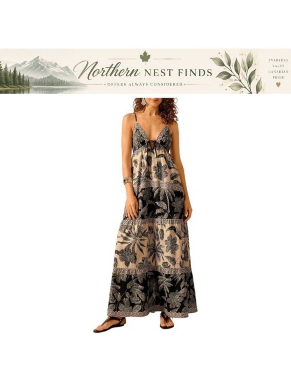 Women's Tropical Maxi Sundress Tiered Ruffle Hem Spaghetti Strap Boho Dress